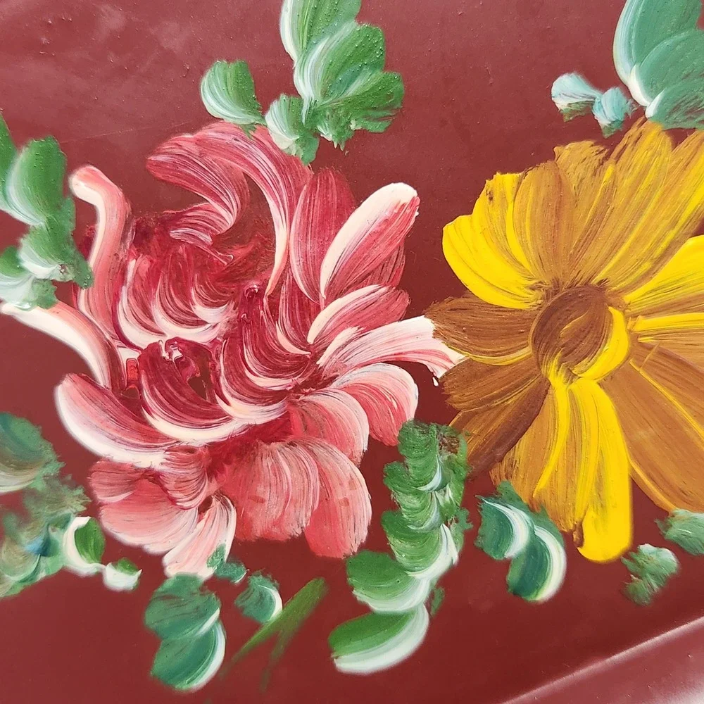 4 Vintage Hand Painted Floral Metal Trinket Tray Green Red Gold Folk Art Trays‎